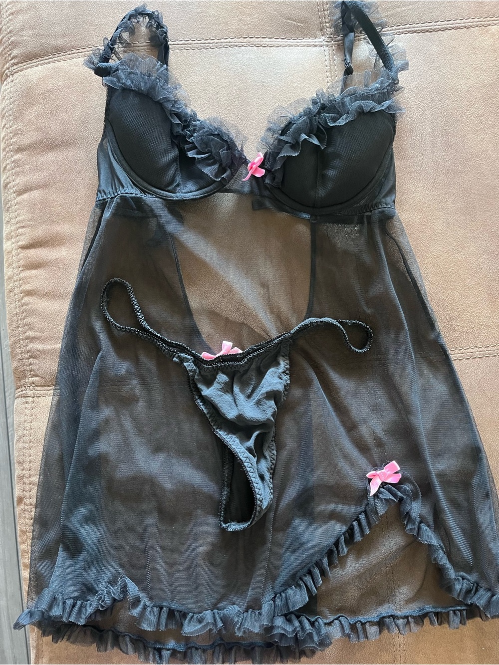 Victoria's Secret Black Sheer Ruffle Babydoll with Pink Bow Accents